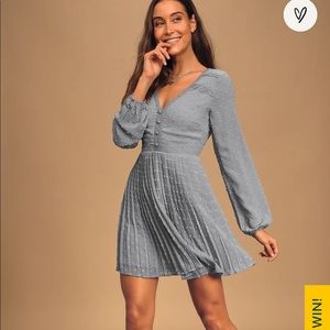 Poetic love dusty blue Swiss dot long sleeve pleated mini dress